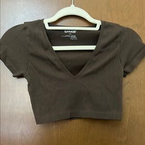 Garage Brown Ribbed V-Neck Crop Top
